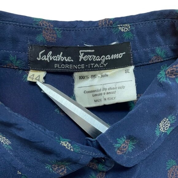 Salvatore Ferragamo vintage blue 100% silk button up long sleeve polo size M - Picture 5 of 8